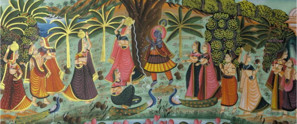 Shop handmade Radha Krishna Pichwai painting on cloth. Featuring Krishna with Gopis, peacocks & lotus – a perfect devotional wall art for home & temple.